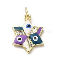 Brass Micro Pave Cubic Zirconia Pendants, with Enamel, with Jump Ring, Real 18K Gold Plated, Star with Evil Eye, Medium Purple, 17.5x13x3.4mm, Hole: 3.2mm(KK-E092-17G-04)