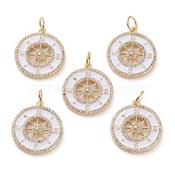 Brass Micro Pave Clear Cubic Zirconia Pendants, with White Enamel & Jump Rings, Flat Round with Compass, Real 18K Gold Plated, 22x20x2mm, Jump Ring: 6x1mm, 4mm Inner Diameter(X-KK-C100-28G)