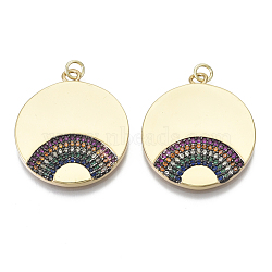 Brass Micro Pave Cubic Zirconia Pendants, with Jump Ring, Nickel Free, Flat Round with Rainbow, Real 16K Gold Plated, Colorful, 31x27x3mm, Hole: 3mm(ZIRC-N039-052-NF)