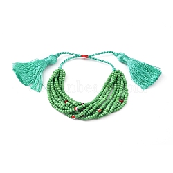 Adjustable Glass Seed Beads Braided Bead Bracelets, Multi-strand Bracelets, with Tassel Pendants, Evil Eye, Medium Sea Green, 1-1/8 inch~2-7/8 inch(3.2~7.3cm)(BJEW-D442-21E)