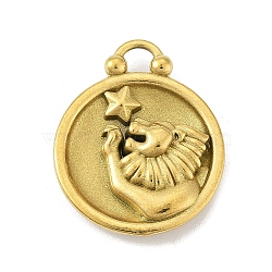 Real 18K Gold Plated Tone 304 Stainless Steel Pendants, Flat Round with Constellations Charm, Leo, 20.5x17x3mm, Hole: 2.5x2.5mm(STAS-K291-01G-04)