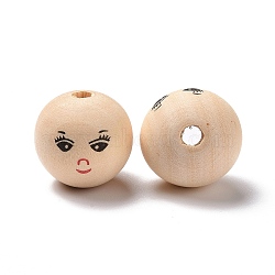 Printed Wood European Beads, Large Hole Round Bead with Smiling Face Pattern, Undyed, Bisque, 24.5x22.5mm, Hole: 4.9mm, about 104pcs/500g(WOOD-C001-03B-03)