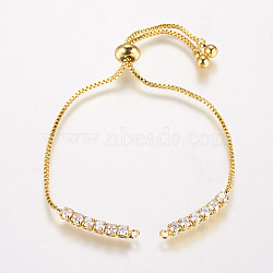 Brass Chain Bracelet Making, Box Chain Bracelets, Slider Bracelets Making, with Cubic Zirconia, Square, Real 18K Gold Plated, 9-1/2 inchx1/8 inch(240x1mm, Hole: 1mm)(X-MAK-P007-04-03G)