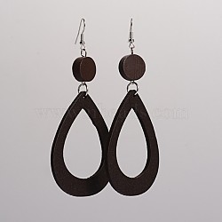 Trendy Teardrop Wood Dangle Earrings, with Platinum Plated Iron Earring Hooks, Coconut Brown, 105x45mm, Pin: 0.8mm(EJEW-F0090-07D)