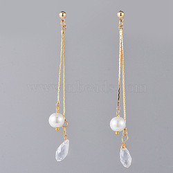 Long Chain Earrings, Brass Dangle Stud Earrings, with Glass Beads and Earring Backs, Golden, Clear, 83mm, Pin: 0.7mm(EJEW-JE03691-04)