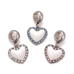 304 Stainless Steel Rhinestone European Dangle Charms, Large Hole Pendants, Stainless Steel Color, Heart, Mixed Color, 22.5mm, Hole: 4.5mm(STAS-F278-24P)