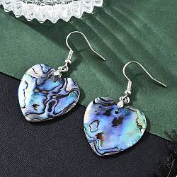 Platinum Tone Brass Natural Paua Shell Dangle Earrings, Heart, Heart, 46mm(EJEW-M091-01)