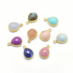 Natural Gemstone Charms, with Brass Findings, Faceted, teardrop, Golden, 14x9.5x5mm, Hole: 1mm(G-I196-08G)