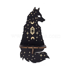 Black Hanging Wooden Crystal Display Shelf, Rustic Divination Pendulum Storage Rack, Witch Stuff, Easy to Assemble, with Iron Hanging Hook, Wolf Pattern, 22.8x12.2x0.5cm(ODIS-G015-01E)