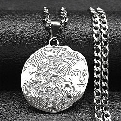 Non-Tarnish 304 Stainless Steel Pendant Necklaces, Flat Round with Human Pattern, Stainless Steel Color, 23.46 inch(59.6cm)(NJEW-C042-06P)