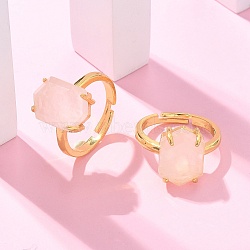 Hexagon Natural Rose Quartz Finger Rings, Golden Tone Brass Cuff Rings, Rack Plating, Long-Lasting Plated, Lead Free & Cadmium Free, Hexagon: 10x14mm, Inner Diameter: 17mm(RJEW-B113-02G-04)