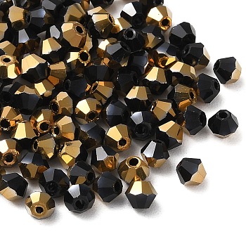 Transparent Electroplate Glass Beads, Half Golden Plated, Faceted, Bicone, Black, 4.5x4mm, Hole: 1mm, 500Pcs/bag