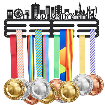 Fashion Iron Medal Hanger Holder Display Wall Rack, with Screws, Orlando City Scene, Building Pattern, 150x400mm