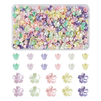 PandaHall Jewelry 550Pcs 11 Colors Spray Paint ABS Plastic Imitation Pearl Beads, Flower, Mixed Color, 10~14x11~15x4~8.5mm, Hole: 1.4~1.5mm, 50pcs/style