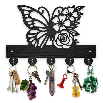 Wood & Iron Wall Mounted Hangers, Decorative Organizer Rack, with 2Pcs Screws, 5 Hooks for Bag Clothes Key Scarf Hanging Holder, Butterfly, 200x300x7mm.