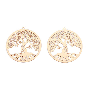 Rack Plating Brass Filigree Pendants, Long-Lasting Plated, Flat Round with Tree of Life Charm, Nickel Free, Light Gold, 32x30x0.4mm, Hole: 1.1mm