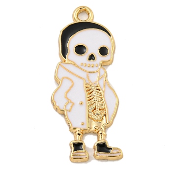 Halloween Alloy Enamel Pendants, Golden, Skeleton Charm, White, 31.5x13x1.5mm, Hole: 1.9mm