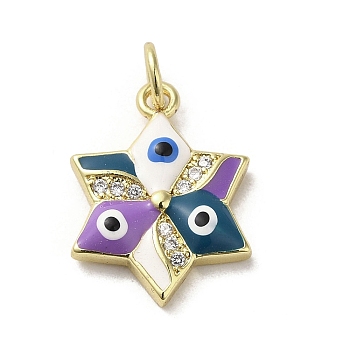Brass Micro Pave Cubic Zirconia Pendants, with Enamel, with Jump Ring, Real 18K Gold Plated, Star with Evil Eye, Medium Purple, 17.5x13x3.4mm, Hole: 3.2mm