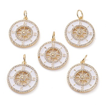 Brass Micro Pave Clear Cubic Zirconia Pendants, with White Enamel & Jump Rings, Flat Round with Compass, Real 18K Gold Plated, 22x20x2mm, Jump Ring: 6x1mm, 4mm Inner Diameter