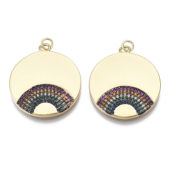 Brass Micro Pave Cubic Zirconia Pendants, with Jump Ring, Nickel Free, Flat Round with Rainbow, Real 16K Gold Plated, Colorful, 31x27x3mm, Hole: 3mm