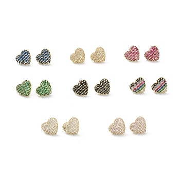 Heart Brass Cubic Zirconia Ear Studs for Women Men, Lead Free & Cadmium Free, Real 18K Gold Plated, Long-Lasting Plated, Mixed Color, 11x12x4mm, Pin: 0.8mm