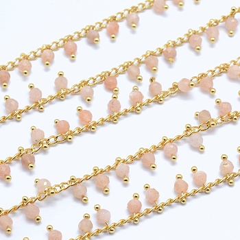 Natural Sunstone Handmade Beaded Chains, Soldered, Lead Free & Cadmium Free, with Brass Findings, Real 18K Gold Plated, Long-Lasting Plated, Faceted Round, 6~7x2~3mm