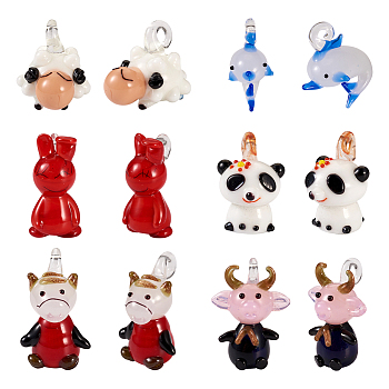 12Pcs 6 Style Handmade Lampwork Pendants, Cattle/Panda/Rabbit/Dolphin/Sheep, Mixed Color, 21~31x12~25x13.5~23mm, Hole: 1.6~5mm, 2pcs/style
