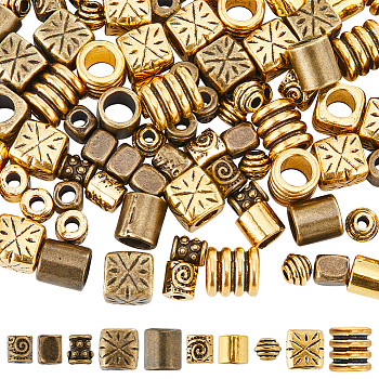 100Pcs 10 Styles Tibetan Style Alloy Spacer Beads, Column & Rondelle & Barrel, Mixed Shapes, Mixed Color, 5~9x5~9x6.5~9mm, Hole: 2.5~6mm, 10pcs/style