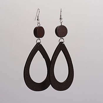 Trendy Teardrop Wood Dangle Earrings, with Platinum Plated Iron Earring Hooks, Coconut Brown, 105x45mm, Pin: 0.8mm