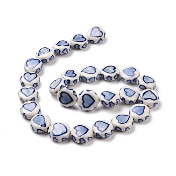 Handmade Porcelain Beads Strands, Blue and White Pocerlain, Flat Round with Heart Pattern, Dark Blue, 14~14.5x6.5~7mm, Hole: 1.8mm, about 25pcs/strand, 145.67''(370cm)