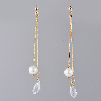 Long Chain Earrings, Brass Dangle Stud Earrings, with Glass Beads and Earring Backs, Golden, Clear, 83mm, Pin: 0.7mm