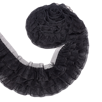 3-Layer Pleated Chiffon Flower Lace Trim, Polyester Ribbon for Jewelry Making, Garment Accessories, Black, 5-1/8 inch(130mm), about 2.73 Yards(2.5m)/Box