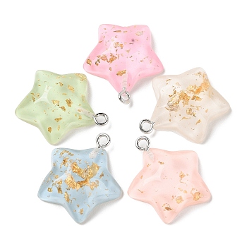 Translucent Resin Pendants, with Gold Foil and Platinum Plated Iron Loops, Mixed Color, Star, 24x22x7mm, Hole: 2mm