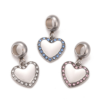 304 Stainless Steel Rhinestone European Dangle Charms, Large Hole Pendants, Stainless Steel Color, Heart, Mixed Color, 22.5mm, Hole: 4.5mm