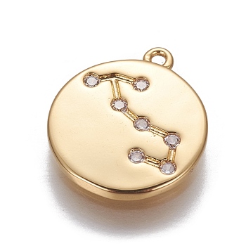 Brass Cubic Zirconia Pendants, Flat Round with Constellation, Golden, Clear, Scorpio, 16x14x1.5mm, Hole: 1mm