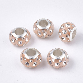 Resin European Beads, Large Hole Beads, with Rhinestone & Platinum Tone Brass Single Core, Rondelle, Light Salmon, 11.5x8mm, Hole: 5mm