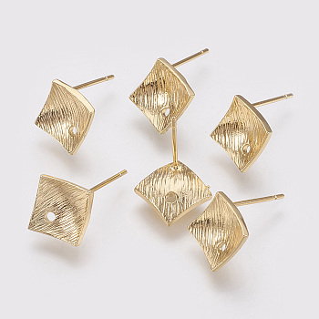 Brass Stud Earring Findings, with Loop, Rhombus, Nickel Free, Real 18K Gold Plated, 12x12mm, Hole: 1mm, Pin: 0.8mm