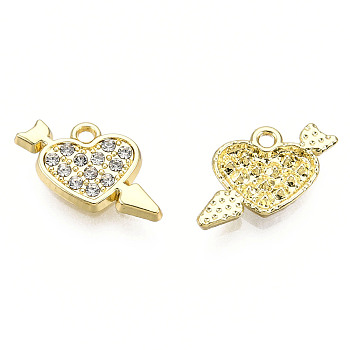 Rack Plating Alloy Charms, with Crystal Rhinestone, Cadmium Free & Nickel Free & Lead Free, Heart with Arrow, Light Gold, 10.5x14x2mm, Hole: 1.5mm