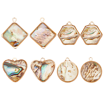 8Pcs 4 Styles Natural Paua Shell Pendants, Shell Charm, with Light Gold Alloy Findings, Round & Octagon & Rhombus & Heart Shpae, 14.5~19x13.5~16x3~5mm, Hole: 1.2~1.5mm, 2pcs/style