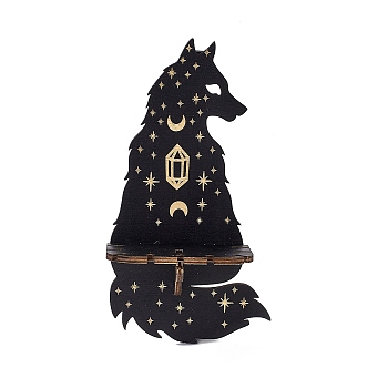 Black Hanging Wooden Crystal Display Shelf, Rustic Divination Pendulum Storage Rack, Witch Stuff, Easy to Assemble, with Iron Hanging Hook, Wolf Pattern, 22.8x12.2x0.5cm