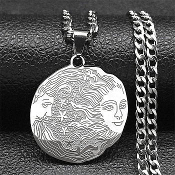 304 Stainless Steel Pendant Necklaces, Flat Round with Human Pattern, Stainless Steel Color, 23.46 inch(59.6cm)