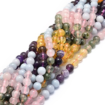 Natural Mixed Gemstone Beads Strands, Natural Aquamarine & Rose Quartz & Prehnite & Citrine & Amethyst, Round, 8mm, Hole: 1mm, about 48pcs/strand, 15.55''(39.5cm)