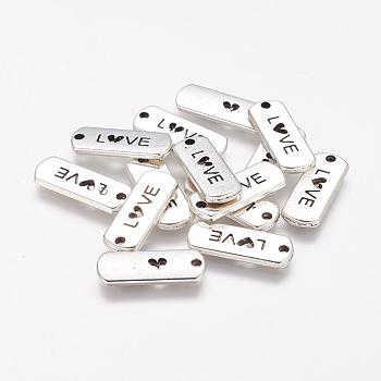 Tibetan Style Alloy Rectangle with Word Love Pendants, Cadmium Free & Lead Free, Antique Silver, 8x21x2mm, Hole: 2mm, about 612pcs/1000g
