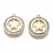 Brass Micro Pave Clear Cubic Zirconia Pendants, Nickel Free, Flat Round with Star, Real 18K Gold Plated, 17.5x15x3mm, Hole: 0.9mm(KK-S360-042-NF)
