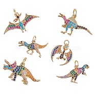 6Pcs 6 Style Rack Plating Brass Micro Pave Colorful Cubic Zirconia Pendants, with Jump Ring, Cadmium Free & Nickel Free & Lead Free, Real 18K Gold Plated, Mixed Color, 10.5~16x15~24x3mm, Jump Ring: 5x0.6mm, Inner Diameter: 3.8mm, 1pc/style(ZIRC-SZ0004-85)