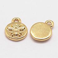 Brass Charms, Cadmium Free & Nickel Free & Lead Free, Flat Round with Bee, Real 18K Gold Plated, 10x8x1.5mm, Hole: 1mm(KK-G302-10G-NR)