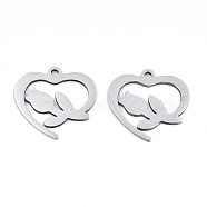 Valentine's Day 201 Stainless Steel Pendants, Laser Cut, Heart with Rose, Stainless Steel Color, 17.5x19x0.9mm, Hole: 1.6mm(STAS-S081-077)