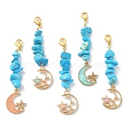Synthetic Turquoise Chip Beaded Pendant Decorations, with Alloy Enamel Moon with Star Charm and 304 Stainless Steel Lobster Claw Clasps, Mixed Color, 63.5mm(HJEW-JM01194)