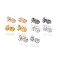 Brass Stud Earring Findings, with Plastic Ear Nuts and Loop, Long-Lasting Plated, Pineapple, Mixed Color, 15.5x10x2mm, Hole: 1.6mm, Pin: 0.7mm(KK-F809-16)