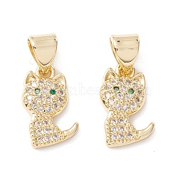 Brass Micro Pave Clear Cubic Zirconia Pendants, Long-Lasting Plated, Cadmium Free & Lead Free, Cat, Real 18K Gold Plated, 13x8.5x2mm, Hole: 3.8x3mm(KK-D067-13G-RS)